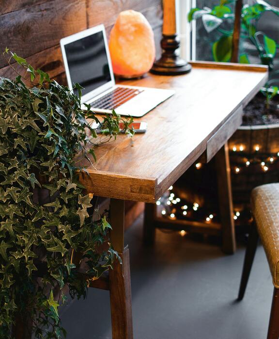 a cozy home office setup featuring a laptop salt lamp and plants on a wooden desk ideal for remote work
